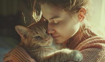 AI generated Beautiful young woman with her cat at home on the windowsill photo