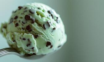 AI generated Mint chocolate chip ice cream scoop, closeup photo