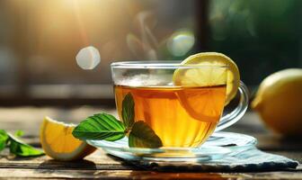 AI generated Herbal tea and lemon in a clear glass cup photo