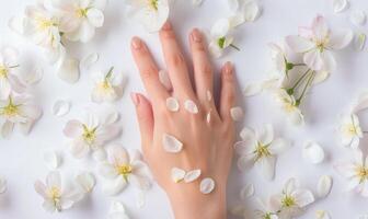 AI generated Woman's hand on white background with flower petals around photo