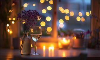 AI generated Romantic bokeh lights illuminating a cozy indoor setting photo