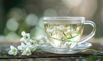 AI generated White tea and snowdrops flower closeup photo