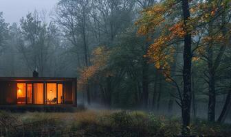 AI generated Morning mist enveloping a contemporary wooden cabin hidden deep within a spring garden filled with blooming irises and lilies photo