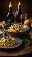 AI generated Pasta with meat, vegetables and wine photo