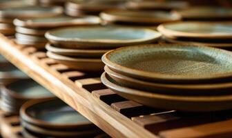 AI generated Ceramic tableware in a row. Selective focus. photo