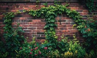 AI generated Beautiful orange roses in the garden on brick wall background with copy space photo