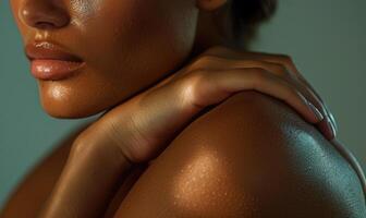 AI generated Closeup of wet female hands with wet skin on dark green background photo