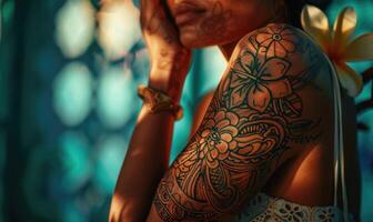 AI generated Close-up of a young woman with henna tattoo on her body photo