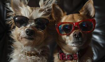 AI generated Two chihuahua dogs in sunglasses on a black background. photo