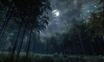 ai generado misterioso oscuro bosque con estrellas en el cielo. noche bosque con lleno Luna y estrellas en el cielo. foto