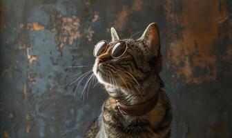 ai generado retrato de un atigrado gato con Gafas de sol en un oscuro antecedentes foto