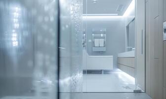 AI generated Interior of a modern bathroom with glass walls and white tiles. photo