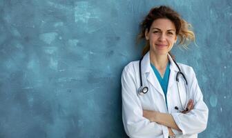 AI generated Portrait of a smiling female doctor standing with arms crossed against blue background photo