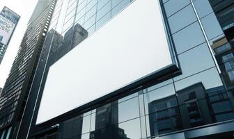 AI generated Blank screen banner mockup displayed on the modern building facade. Close Up view. photo