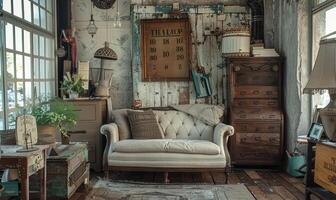 AI generated Interior of a living room with vintage furniture, armchair and plants photo