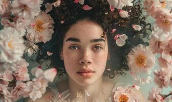 AI generated young woman in a spring flowers wreath, surrounded by floating petals or blossoms. photo