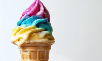 AI generated Rainbow-colored ice cream cone on white background photo