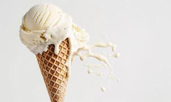 AI generated Melting ice cream cone on white background photo