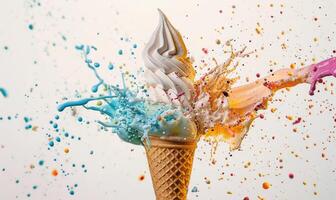 AI generated Ice cream cone explosion on white background photo