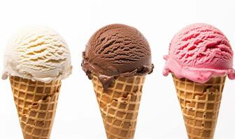 AI generated Neapolitan ice cream cones on white background photo