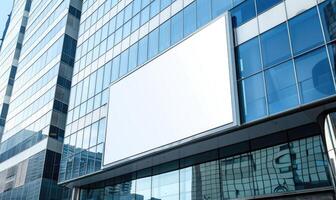 AI generated Blank screen banner mockup displayed on the modern building facade. Close Up view. photo