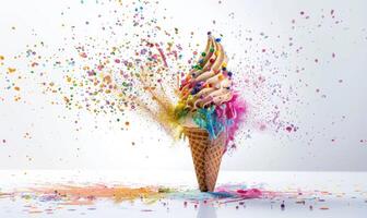 AI generated Ice cream cone explosion on white background photo