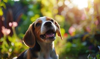 AI generated Happy Beagle puppy with floppy ears enjoying a sunny day in the garden photo