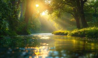 ai generado luz de sol filtración mediante el arboles sobre un sereno primavera río foto