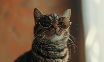 AI generated Portrait of a beautiful cat in round glasses. Selective focus. photo