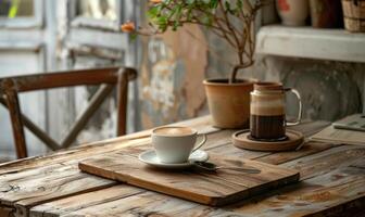 ai generado café taza en el de madera mesa en cafetería, valores foto