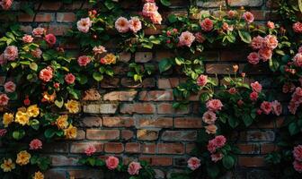 ai generado vistoso flores en el jardín con ladrillo pared fondo, valores foto