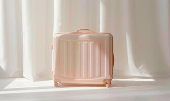 AI generated Pink travel suitcase on white background. Travel and vacation concept. Copy space photo