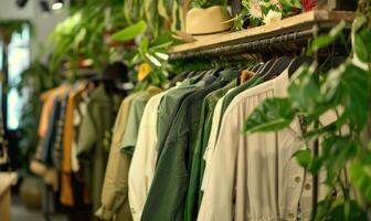 ai generado de moda ropa colgando en un tienda con flores y plantas. foto