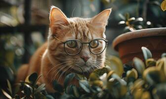 ai generado linda jengibre gato con los anteojos acostado en el jardín. foto