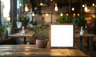 AI generated Empty wooden board on table in cafe, closeup. Space for text. Mock up for menu or design photo