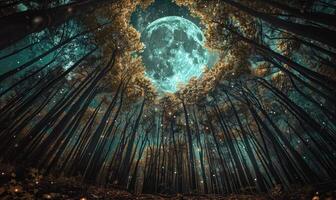 ai generado misterioso oscuro bosque con estrellas en el cielo. noche bosque con lleno Luna y estrellas en el cielo. foto