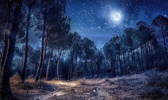 ai generado misterioso oscuro bosque con estrellas en el cielo. noche bosque con lleno Luna y estrellas en el cielo. foto