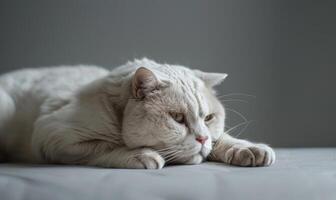 AI generated Studio portrait of a regal white Scottish Fold cat on a gray background, space for text photo