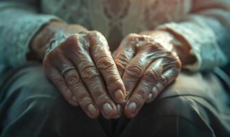 AI generated Close up of hands of an elderly woman holding her hands together. photo
