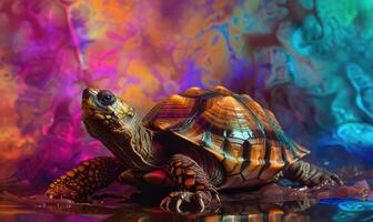 ai generado Tortuga en vistoso antecedentes con espacio para texto foto