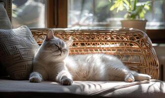 AI generated Beautiful white cat lying on a wicker chair at home. photo