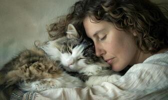 AI generated Beautiful young woman sleeping on the bed with her cat, close up photo