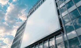 AI generated Blank screen banner mockup displayed on the modern building facade. Close Up view. photo