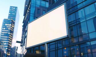 AI generated Blank screen banner mockup displayed on the modern building facade. Close Up view. photo