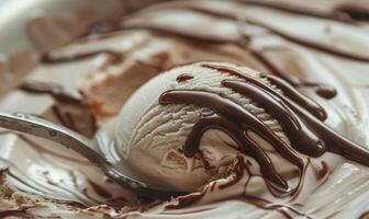 AI generated Ice cream scoop with chocolate syrup swirls closeup view photo