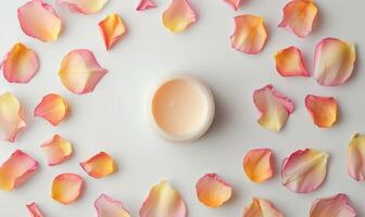 AI generated Creme jar blank mockup surrounded by delicate flower petals photo