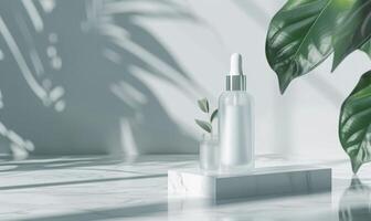 AI generated Frosted glass bottle mockup showcasing a luxurious hydrating facial serum with a sleek modern design photo