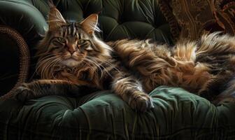 AI generated Majestic Maine Coon cat lounging on a plush velvet cushion photo