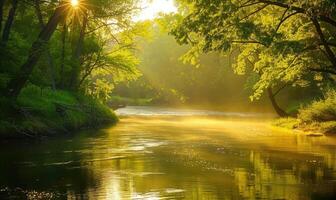 ai generado luz de sol filtración mediante el arboles sobre un sereno primavera río foto