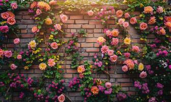 AI generated Beautiful roses on brick wall background with copy space. photo
